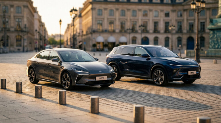 Deux voitures électriques IM Motors, une berline IM5 et un SUV IM6, stationnées sur une place pavée à Paris.