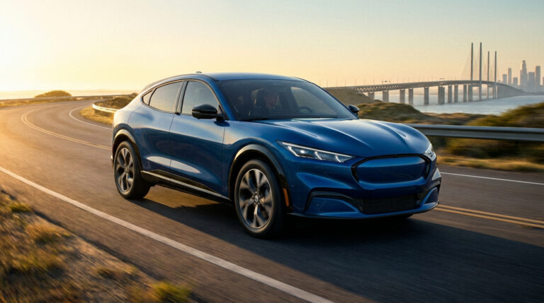 Un SUV bleu électrique roule sur une route côtière près d'un pont au coucher du soleil.