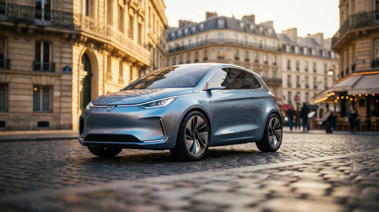 Concept-car électrique Kia EV1 bleu stationné sur des pavés dans une rue classique de Paris au soleil couchant.