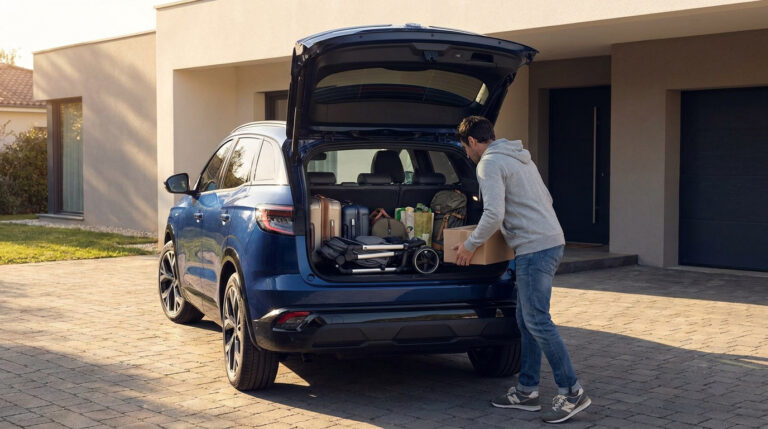 Homme chargeant des bagages et une poussette dans le coffre ouvert d'un Renault Austral bleu devant une maison moderne.