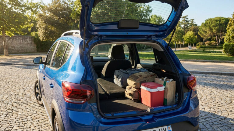 Vue arrière d'une Dacia Sandero Stepway bleue avec le coffre ouvert et chargé de sacs et d'une glacière.