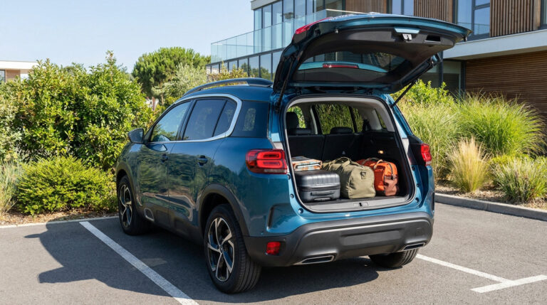 Citroën C5 Aircross bleu avec le coffre ouvert contenant des bagages sur un parking extérieur.