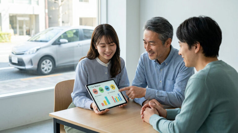 Un conseiller automobile montre des graphiques financiers sur une tablette à un couple dans une concession.
