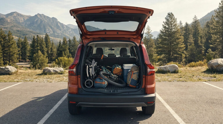 Coffre ouvert d'un Dacia Jogger orange chargé de bagages, d'un vélo et d'une poussette, stationné face à des montagnes.