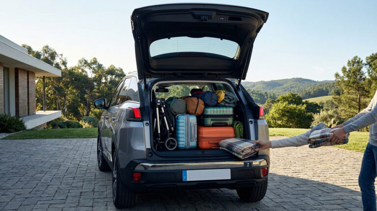 Coffre ouvert d'un SUV Peugeot 3008 rempli de bagages devant une maison avec une personne rangeant des couvertures.