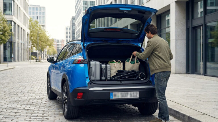 Un homme charge des bagages et une poussette dans le coffre ouvert d'un SUV Peugeot 2008 bleu dans une rue urbaine.