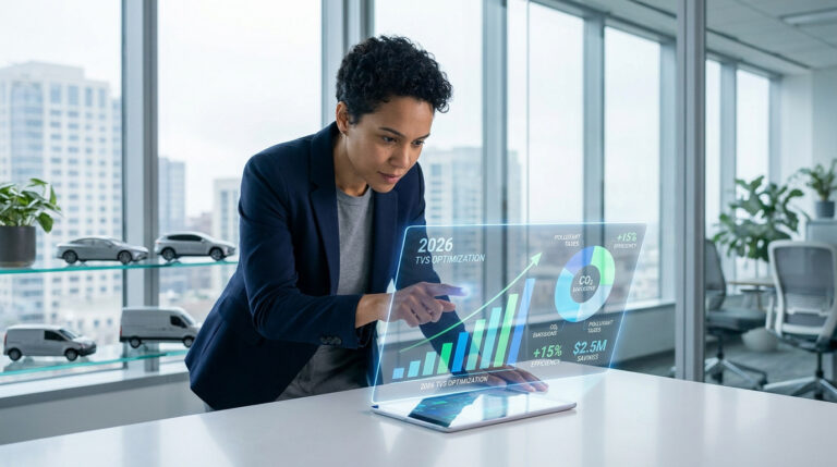 Une femme d'affaires utilisant une interface holographique pour analyser des données de taxe sur les véhicules de société.