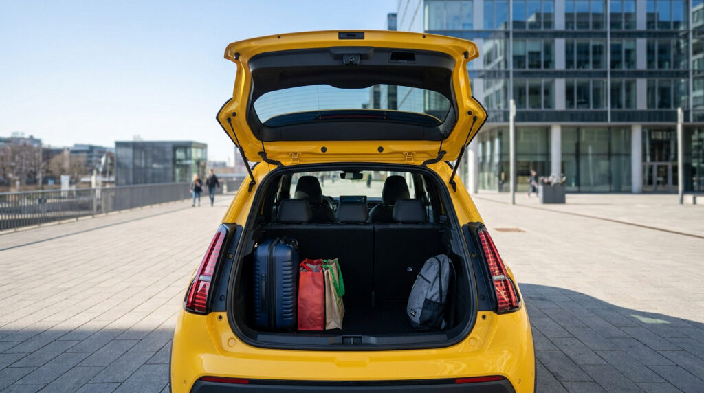 Vue arrière d'une Renault 5 E-Tech jaune avec le coffre ouvert contenant une valise, des sacs et un sac à dos.