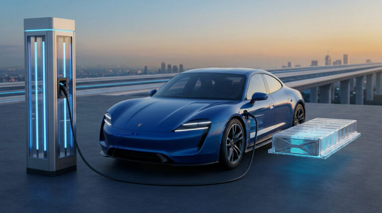 Une voiture électrique bleue en charge à une borne moderne, avec une batterie exposée flottant à côté du véhicule.
