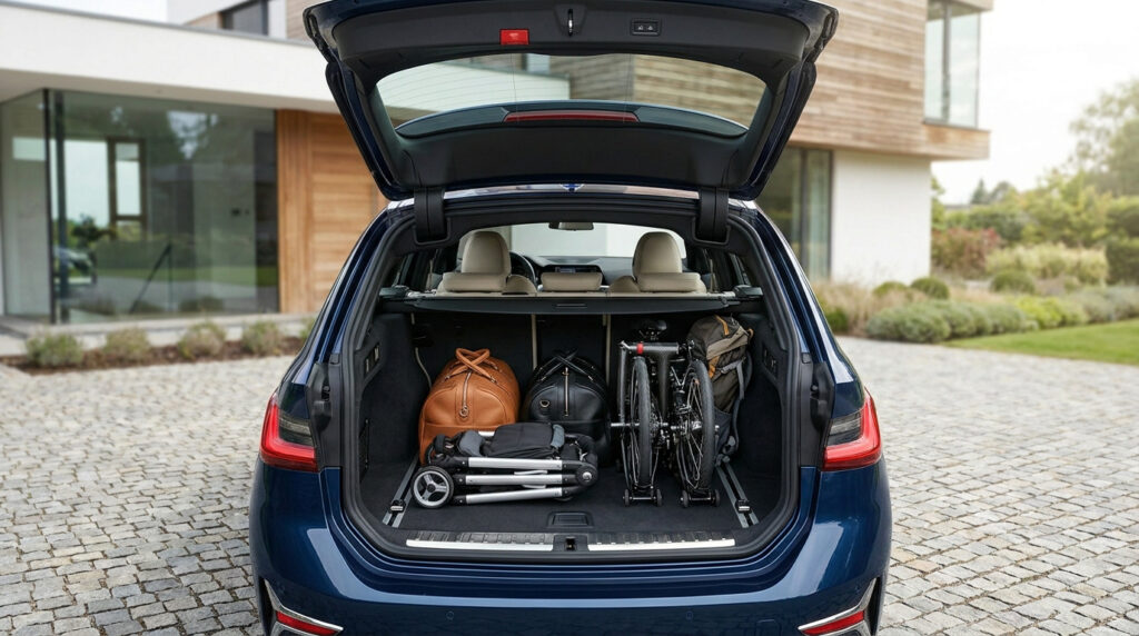 Coffre ouvert d'une BMW Série 3 Touring bleue rempli de bagages et d'un vélo plié devant une maison moderne.