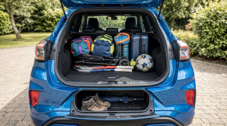 Coffre ouvert d'un Ford Puma bleu rempli de bagages avec accès à la Megabox dans le plancher.