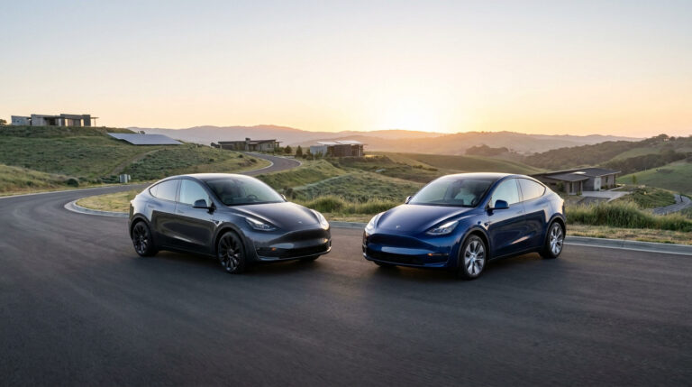 Deux voitures électriques Tesla Model Y, une grise et une bleue, garées sur une route sinueuse au coucher du soleil.