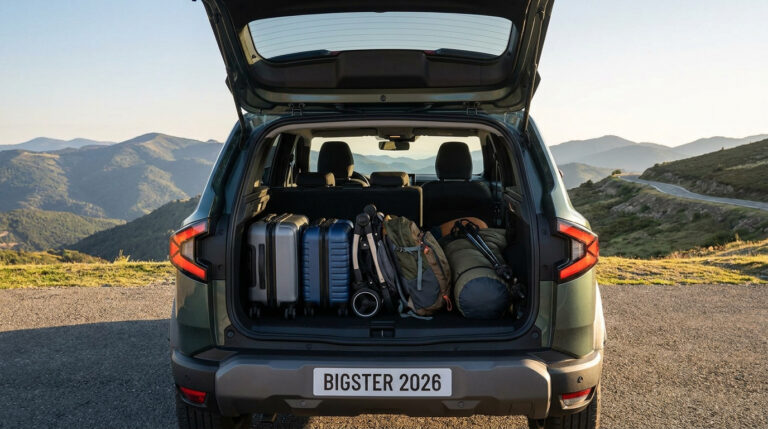 Coffre ouvert du Dacia Bigster rempli de valises et matériel de randonnée face à un paysage de montagne.