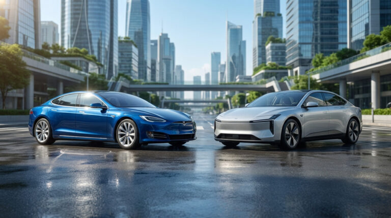 Une voiture Tesla bleue et une BYD Seal argentée garées face à face dans un centre-ville moderne et futuriste.