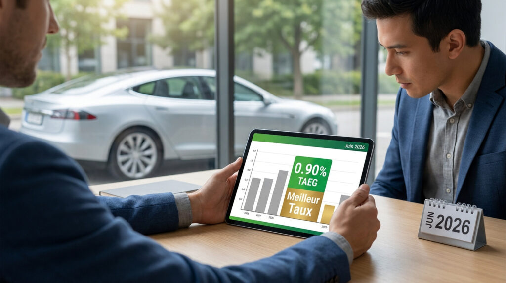 Deux hommes en tenue professionnelle examinent un graphique sur une tablette affichant un taux de crédit auto à 0,90%.