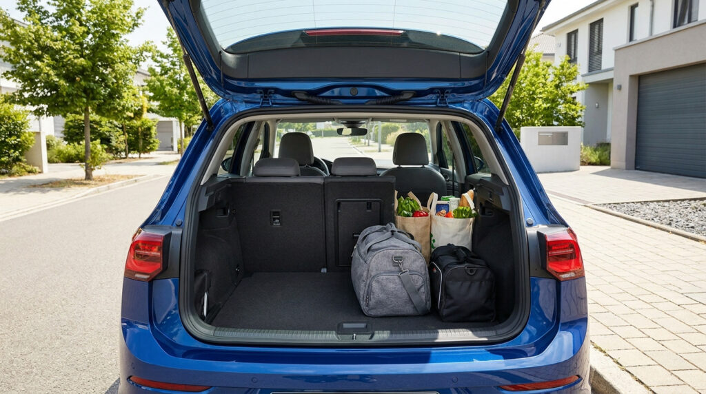 Vue arrière d'une Volkswagen Golf 8 bleue avec le coffre ouvert, chargé de sacs de courses et de deux sacs de sport.