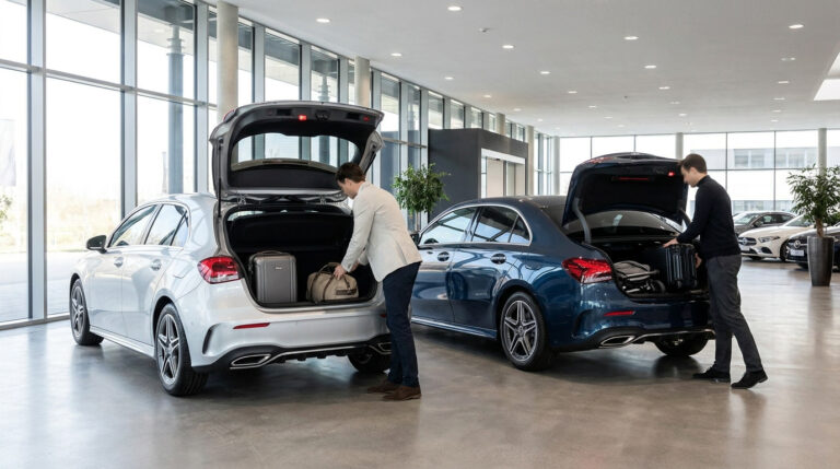 Deux hommes rangent des valises dans les coffres ouverts d'une Mercedes Classe A compacte argentée et une berline bleue.