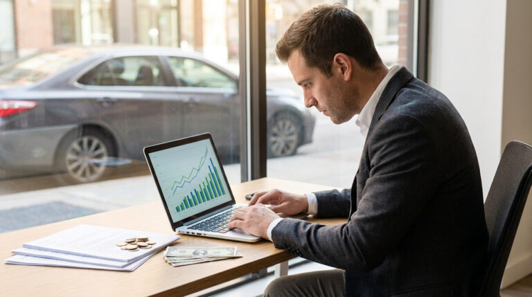 Un homme d'affaires en costume travaillant sur un graphique financier sur son ordinateur portable près d'une fenêtre.