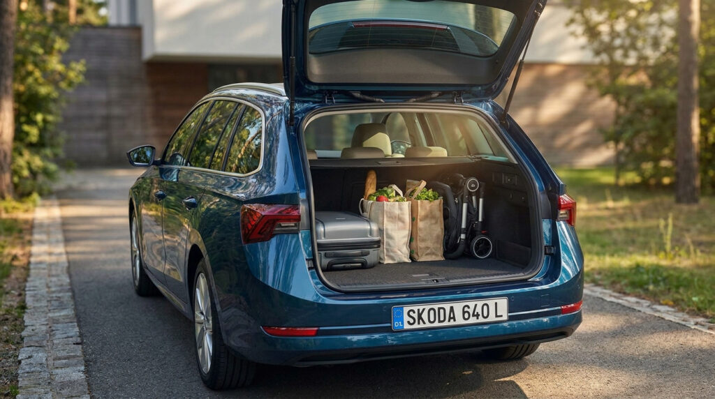 Coffre ouvert d'un Skoda Octavia Combi bleu chargé avec une valise, des sacs de courses et une poussette.