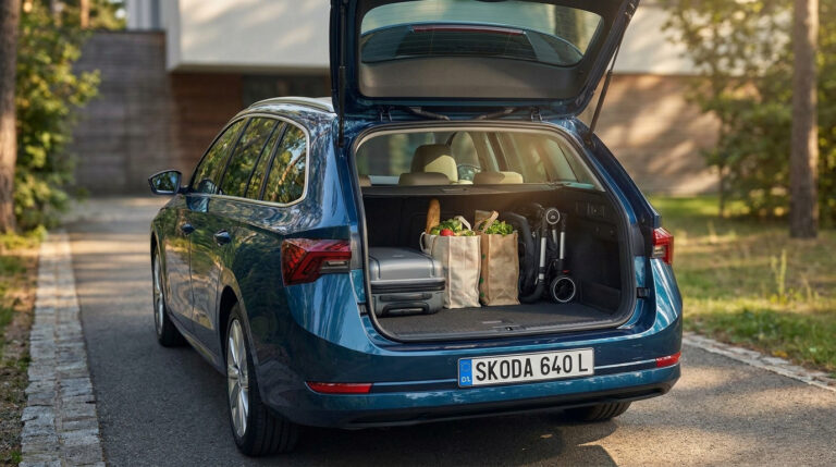 Coffre ouvert d'un Skoda Octavia Combi bleu chargé avec une valise, des sacs de courses et une poussette.