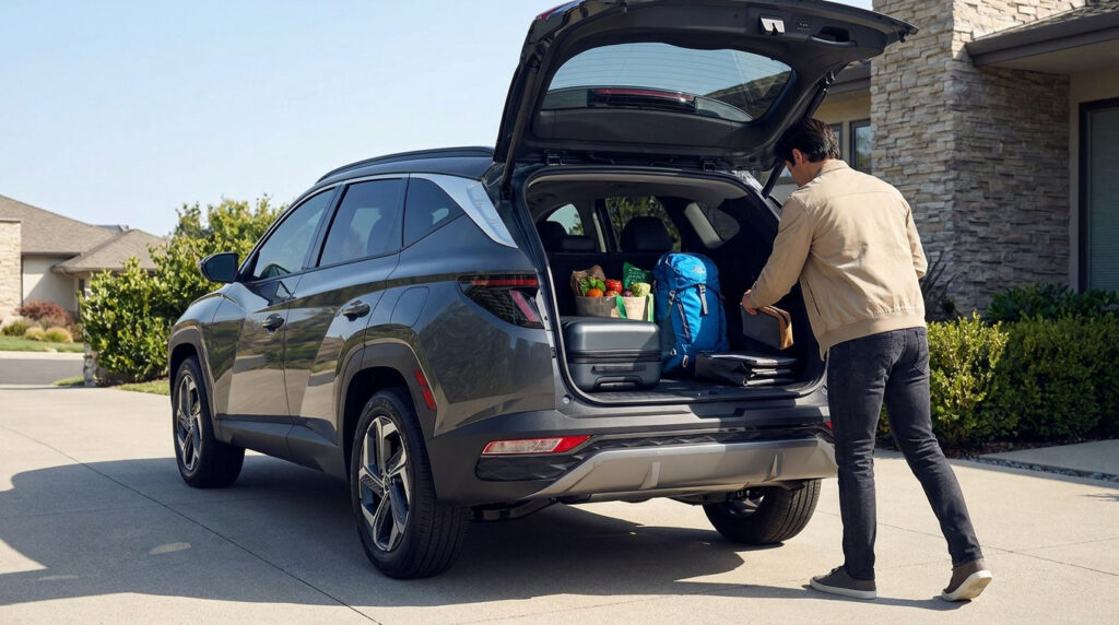 Un homme charge des bagages et des sacs de courses dans le coffre ouvert d'un SUV gris Hyundai Tucson.