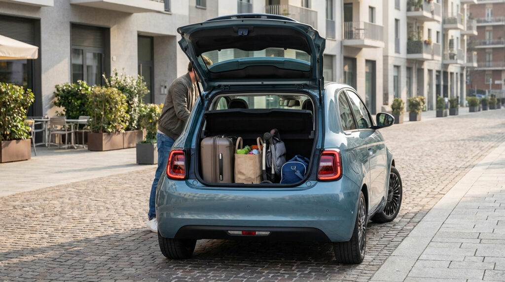Vue arrière d'une Fiat 600 bleue avec le coffre ouvert, rempli de bagages et d'une poussette, dans une rue pavée.