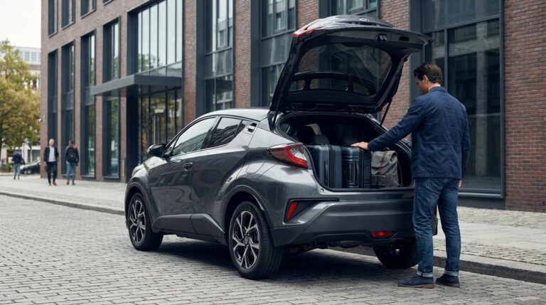 Un homme charge des bagages dans le coffre ouvert d'un SUV Toyota C-HR gris dans une rue pavée en ville.