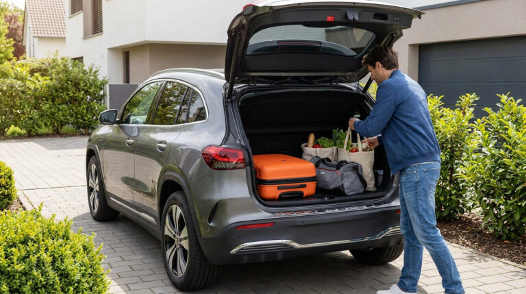 Un homme charge des bagages et des courses dans le coffre ouvert d'un Toyota Yaris Cross gris devant une maison.