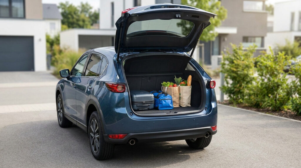 Coffre ouvert d'un SUV bleu rempli de courses et d'une valise, garé dans une allée résidentielle.