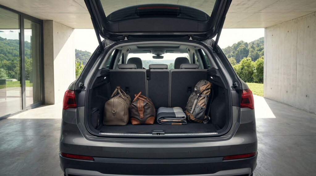 Vue arrière d'un Audi Q3 avec le coffre ouvert, contenant des sacs de voyage et une couverture.
