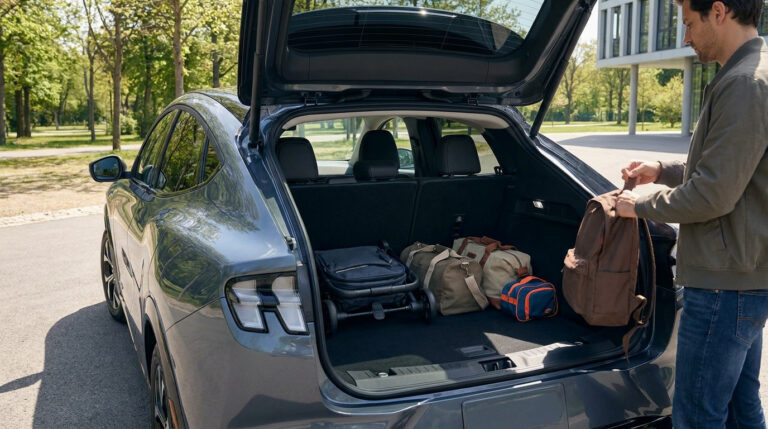 Un homme charge un sac à dos dans le coffre ouvert d'un Renault Scenic E-Tech contenant déjà une poussette et des sacs.