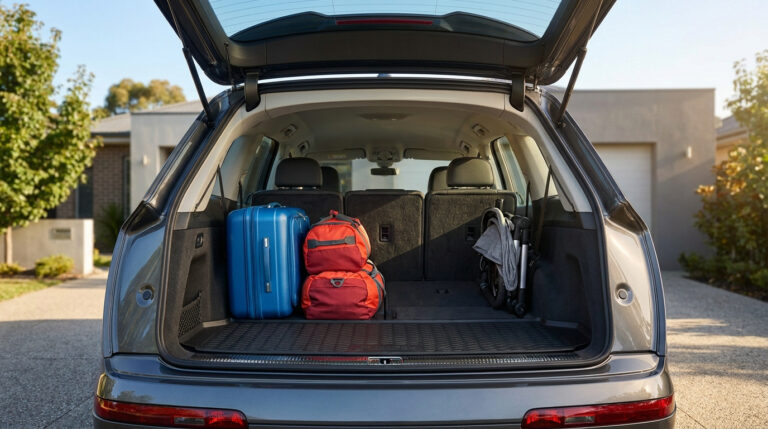 Coffre ouvert d'un Renault Espace rempli de bagages et d'une poussette pliée.