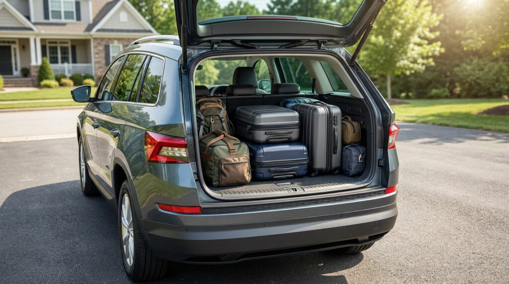 Coffre ouvert d'un Skoda Kodiaq gris chargé de valises et sacs de voyage garé devant une maison.
