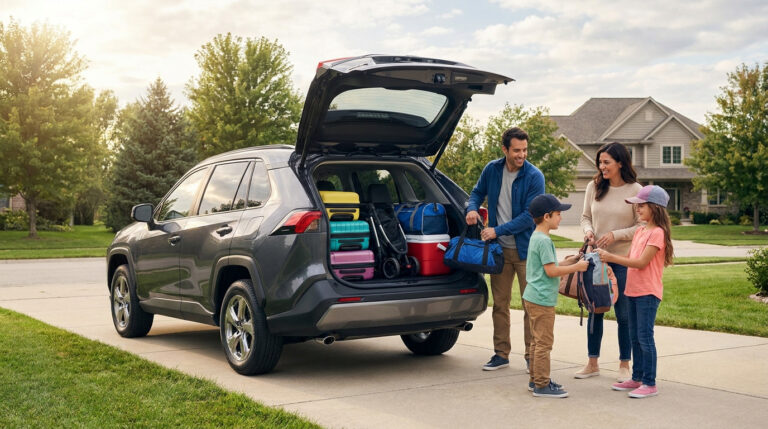 Une famille chargeant des valises et une poussette dans le coffre ouvert d'un Toyota RAV4 gris devant une maison.