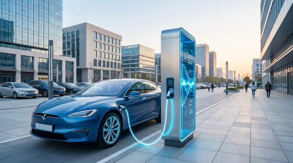 Voiture électrique bleue en charge à une borne moderne dans une zone urbaine au coucher du soleil.