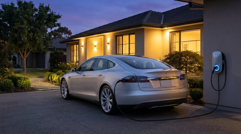 Une Tesla grise stationnée dans une allée le soir, branchée à une borne de recharge murale fixée sur la maison.