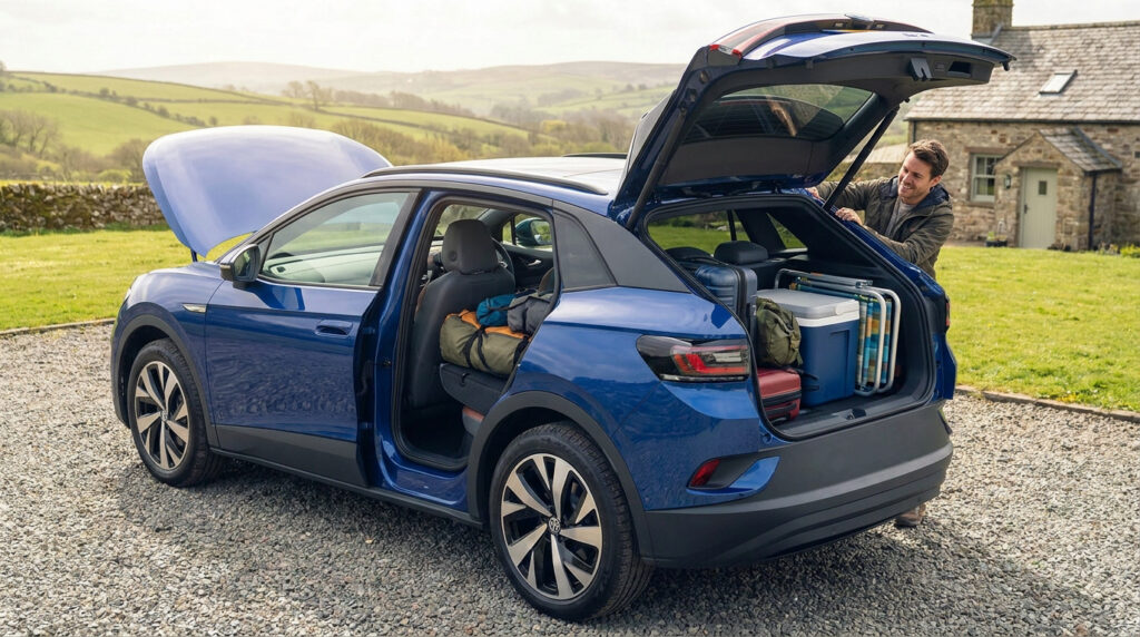 Un homme charge des bagages dans le coffre ouvert d'un SUV bleu Volkswagen ID.4 stationné dans une campagne verdoyante.