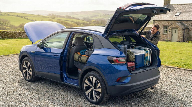 Un homme charge des bagages dans le coffre ouvert d'un SUV bleu Volkswagen ID.4 stationné dans une campagne verdoyante.