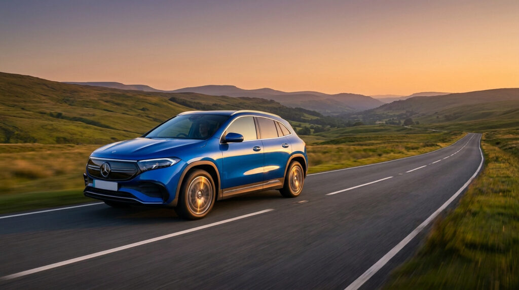 Un SUV électrique bleu Mercedes EQA roulant sur une route de campagne au coucher du soleil avec des collines en fond.