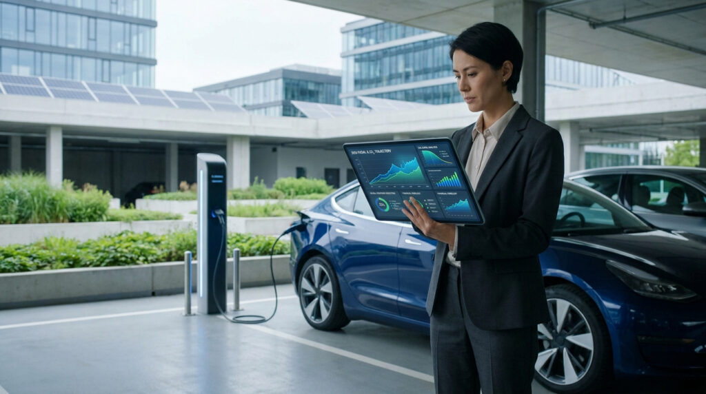 Une femme d'affaires consulte un tableau de bord financier sur une tablette devant une voiture électrique en charge.