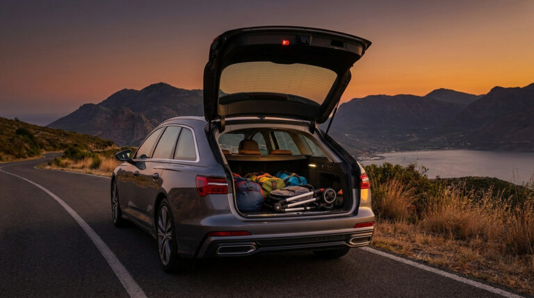 Volkswagen Passat SW grise stationnée sur une route panoramique avec le coffre ouvert chargé de bagages au coucher du soleil.