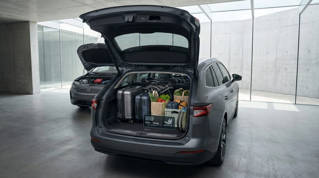 Vue arrière d'une Audi A6 e-tron Avant avec coffre ouvert, rempli de bagages et sacs de courses dans un garage moderne.