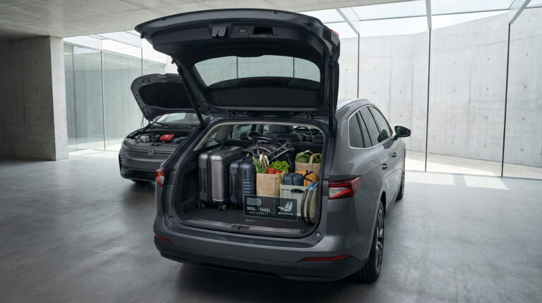 Vue arrière d'une Audi A6 e-tron Avant avec coffre ouvert, rempli de bagages et sacs de courses dans un garage moderne.