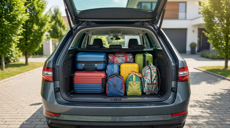 Coffre ouvert d'une Skoda Superb Combi rempli de nombreuses valises colorées et de sacs de voyage.