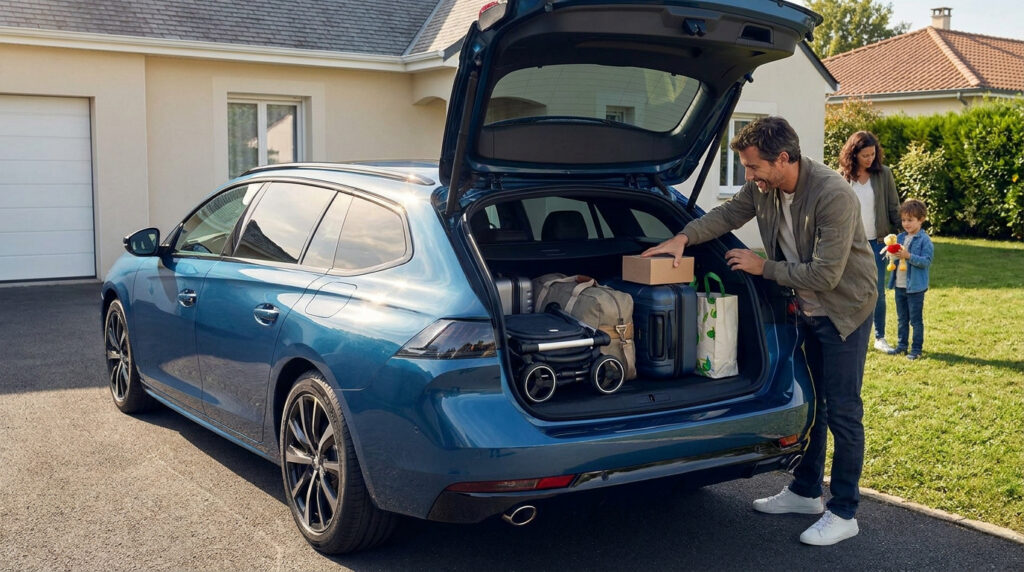 Un père range des bagages et une poussette dans le coffre ouvert d'un break bleu Peugeot 508 SW devant une maison.