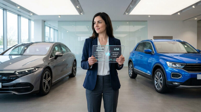 Une conseillère en concession automobile tenant un panneau comparatif entre le crédit ballon et la LOA.