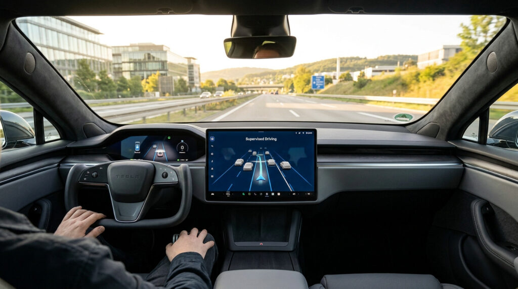 Vue depuis le siège conducteur d'une Tesla montrant l'écran tactile affichant le mode « Supervised Driving » sur l'autoroute.