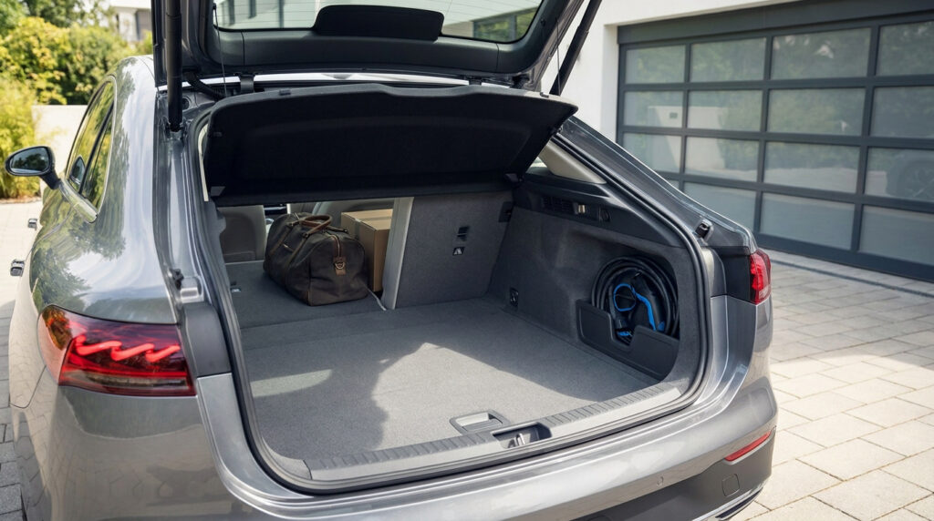 Vue ouverte sur le coffre spacieux d'une Renault Megane E-Tech grise contenant un sac de voyage et un câble de recharge.
