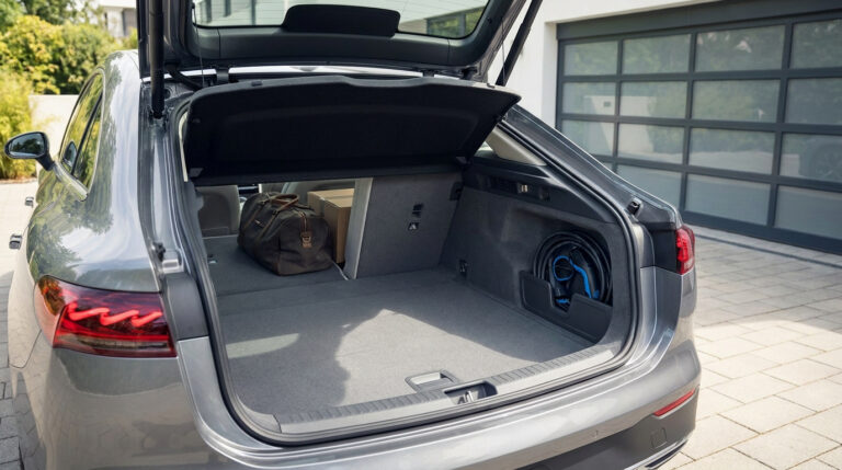 Vue ouverte sur le coffre spacieux d'une Renault Megane E-Tech grise contenant un sac de voyage et un câble de recharge.