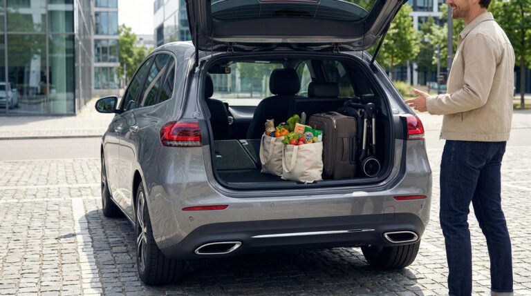 Un homme debout devant une Volkswagen ID.2all grise avec le coffre ouvert, rempli de sacs de courses et d'une valise.